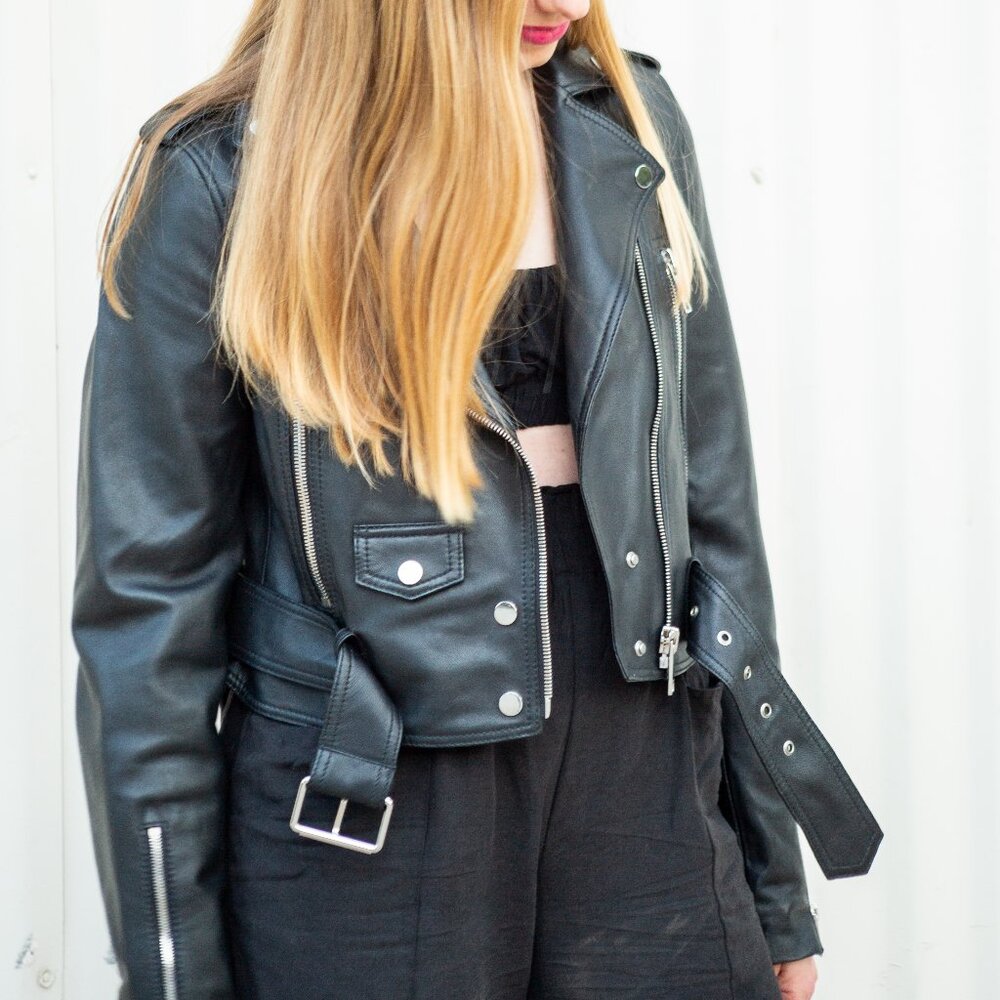LTH JKT Black Leather Biker Jacket in Size S